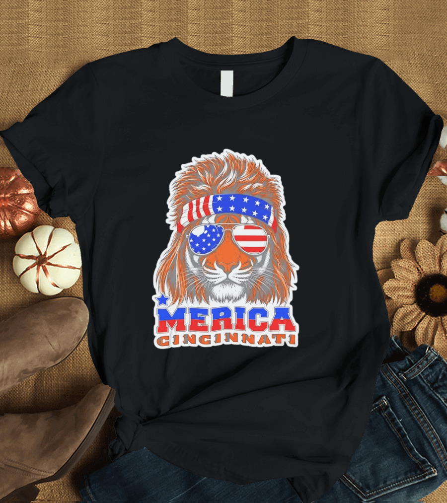 Cincinnati Merica Patriotic Tiger Mullet USA Flag T-Shirt