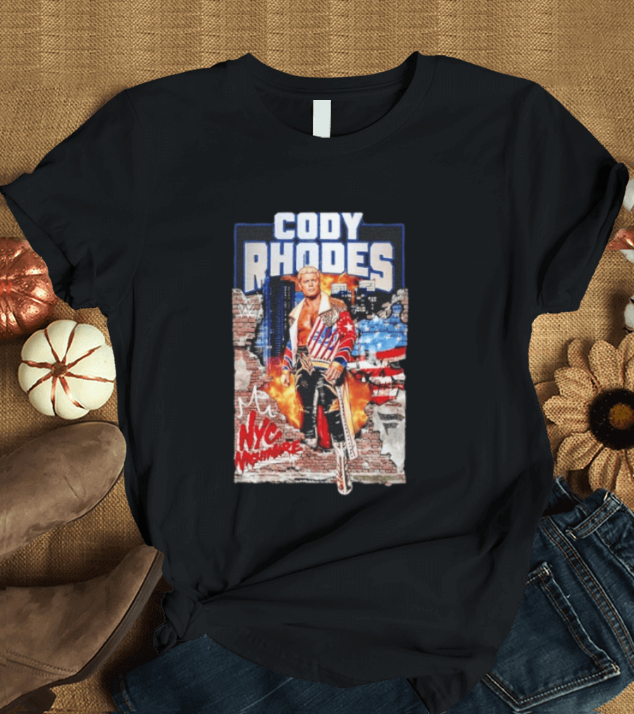 Cody Rhodes NYC Nightmare WWE Wrestling Fireworks Explosion Brick Wall American Flag Jacket T-Shirt