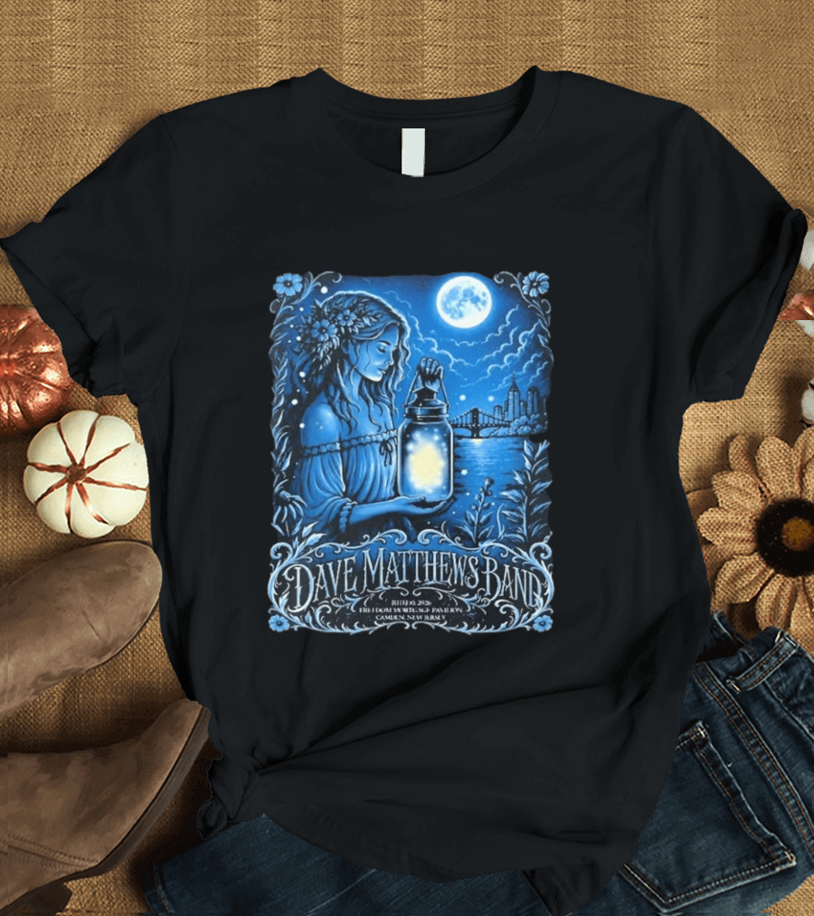 Dave Matthews Band July 10 2026 Freedom Mortgage Pavilion Camden New Jersey Moonlit Lantern And City Skyline T-Shirt