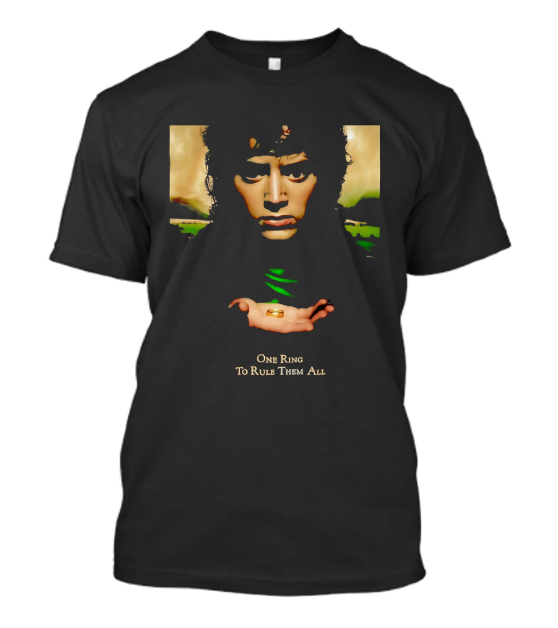 Elijah Wood One Ring To Rule Them All Lord Of The Rings Face Hands Gold Band T-Shirt