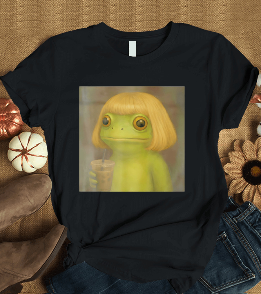 Blonde Wig Frog Holding Iced Coffee T-Shirt
