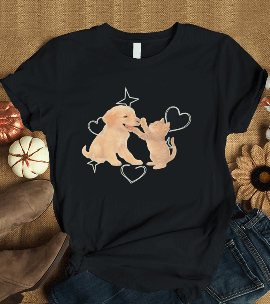 Golden Retriever Puppy And Tabby Kitten Playing With Stars And Hearts T-Shirt
