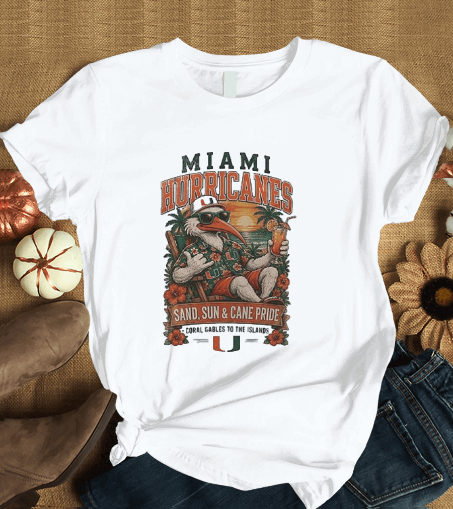 Miami Hurricanes Sand Sun Cane Pride Coral Gables To The Islands T-Shirt