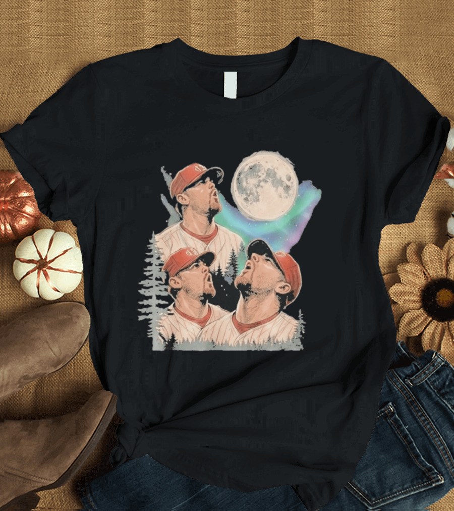 Three Howling Phillies 2026 Randy Wolf Meme Vintage Baseball Art Baseball Moon Forest T-Shirt