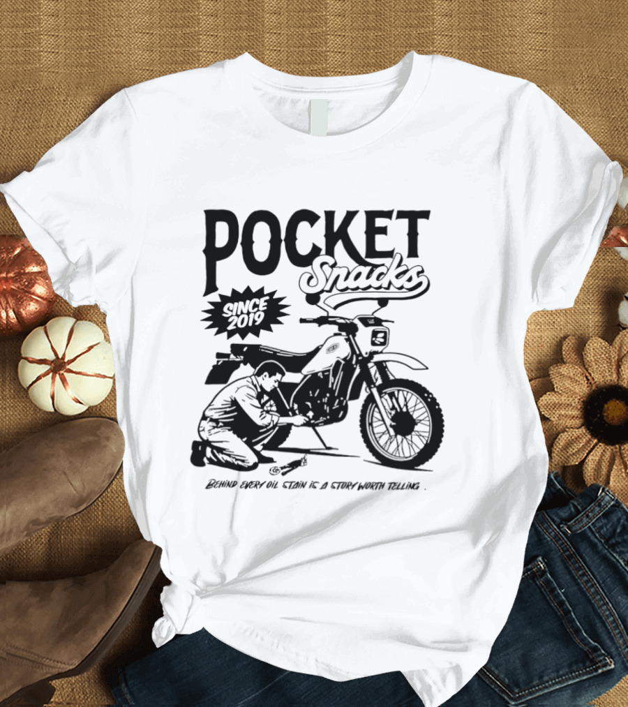 Pocket Snacks Since 2019 Motorcycle Mechanic Oil Stain T-Shirt