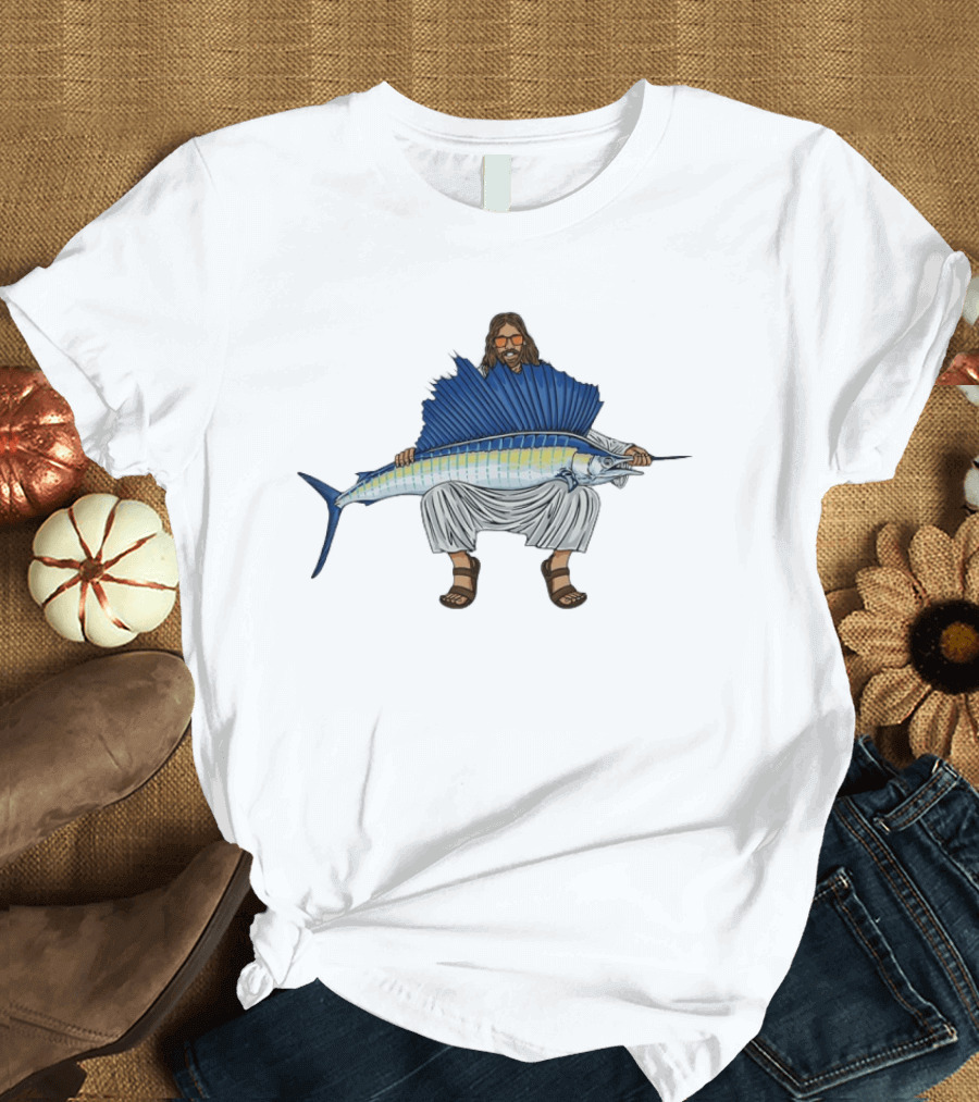Jesus Holding Sailfish Fish Like Iconic Religious Savior T-Shirt