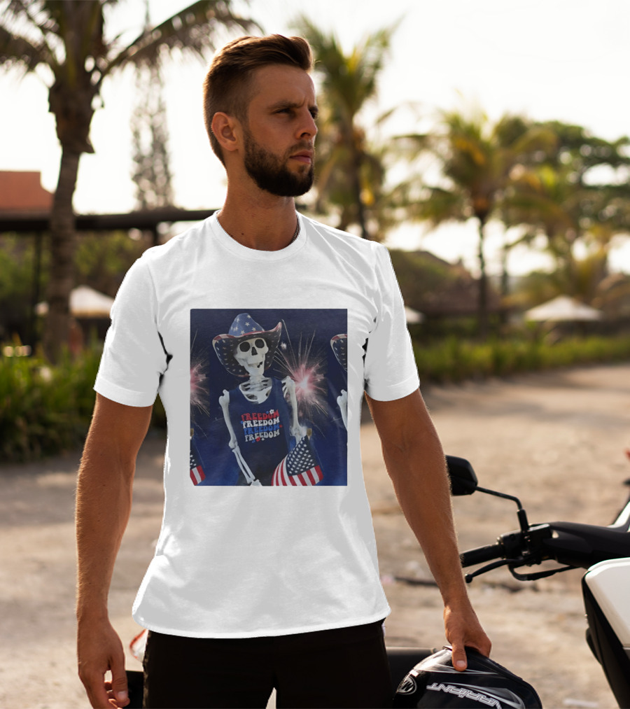 Freedom Skeleton Patriot With American Flag And Fireworks Fourth Of July T-Shirt