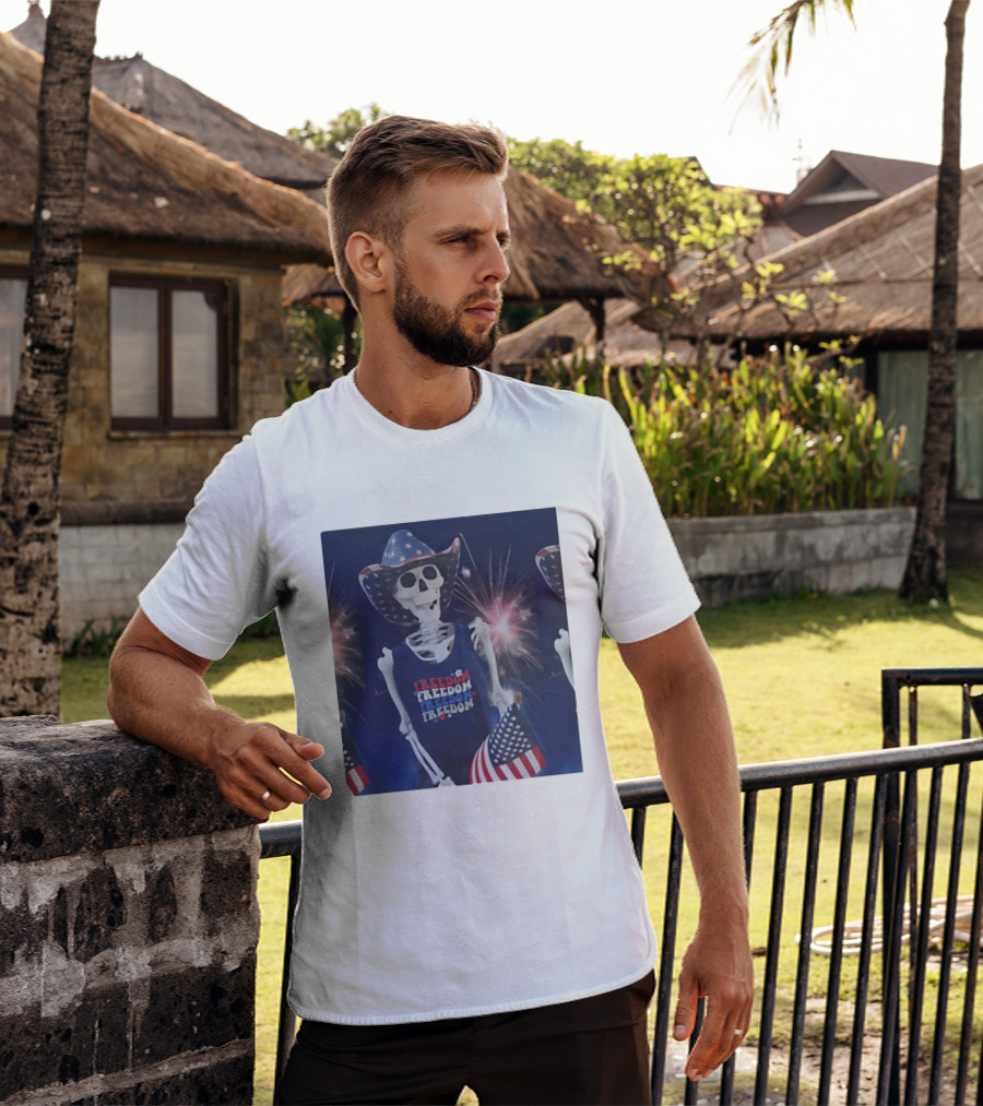 Freedom Skeleton Patriot With American Flag And Fireworks Fourth Of July T-Shirt