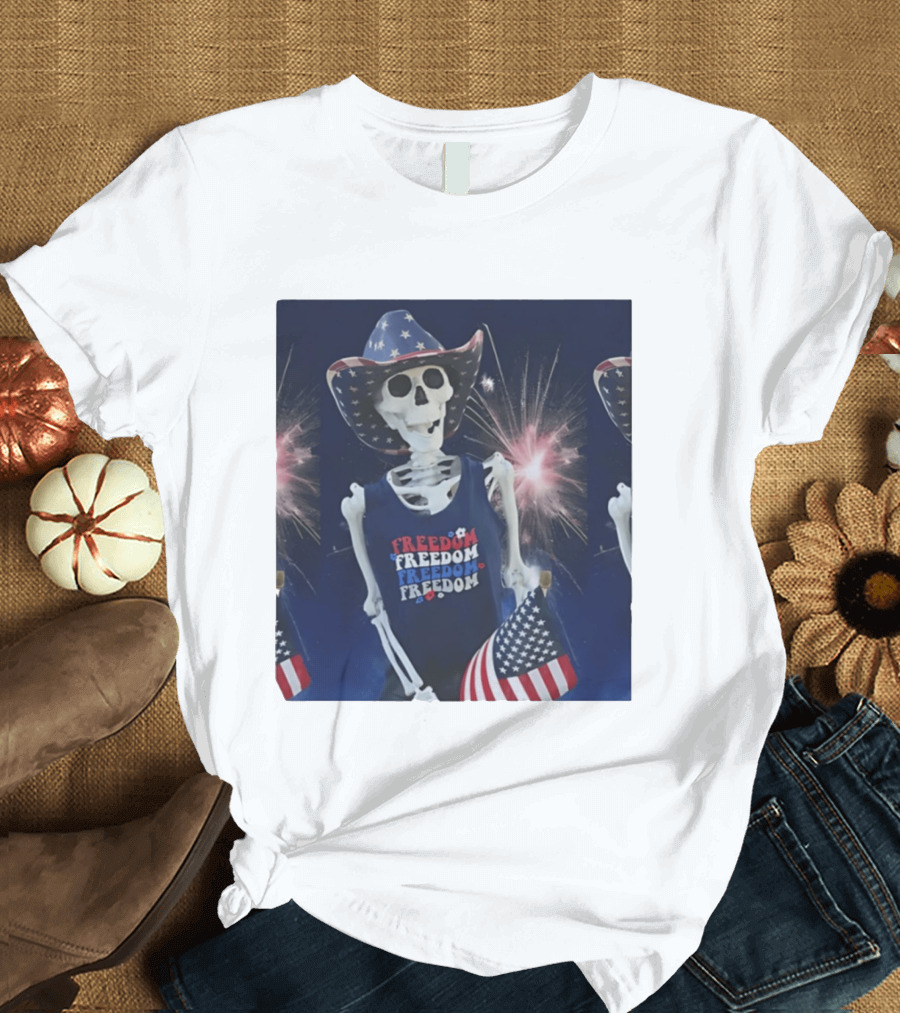 Freedom Skeleton Patriot With American Flag And Fireworks Fourth Of July T-Shirt