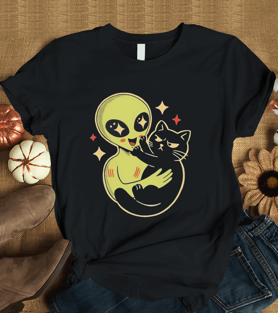Alien Holding Grumpy Black Cat Surrounded By Stars T-Shirt