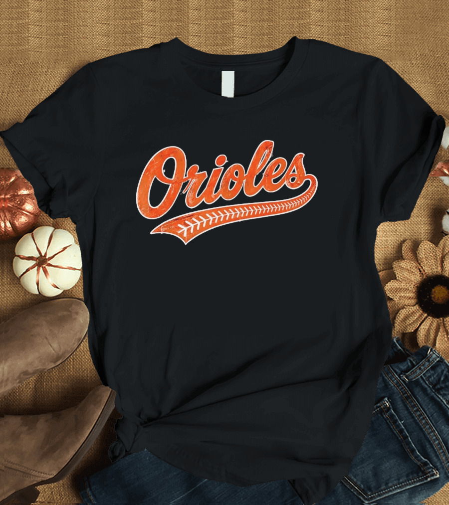 Baltimore Orioles Vintage Text With Baseball Stitching T-Shirt
