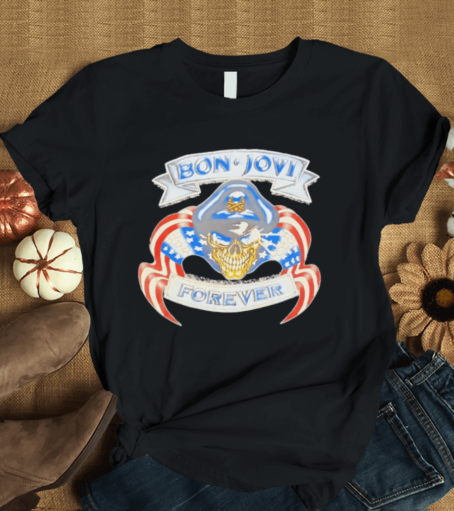 Bon Jovi Forever Skull With American Flag Banners And Blue Cap T-Shirt