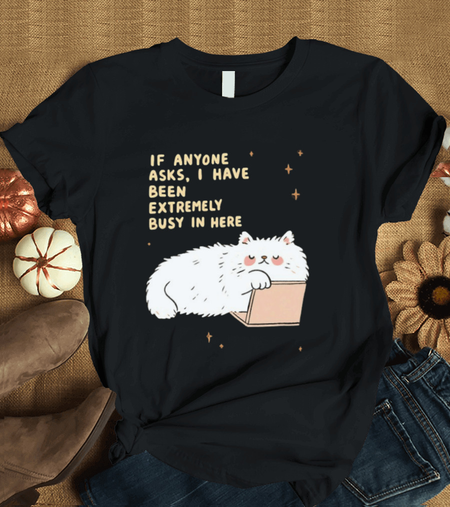 If Anyone Asks I Have Been Extremely Busy In Here Fluffy White Cat In Box T-Shirt