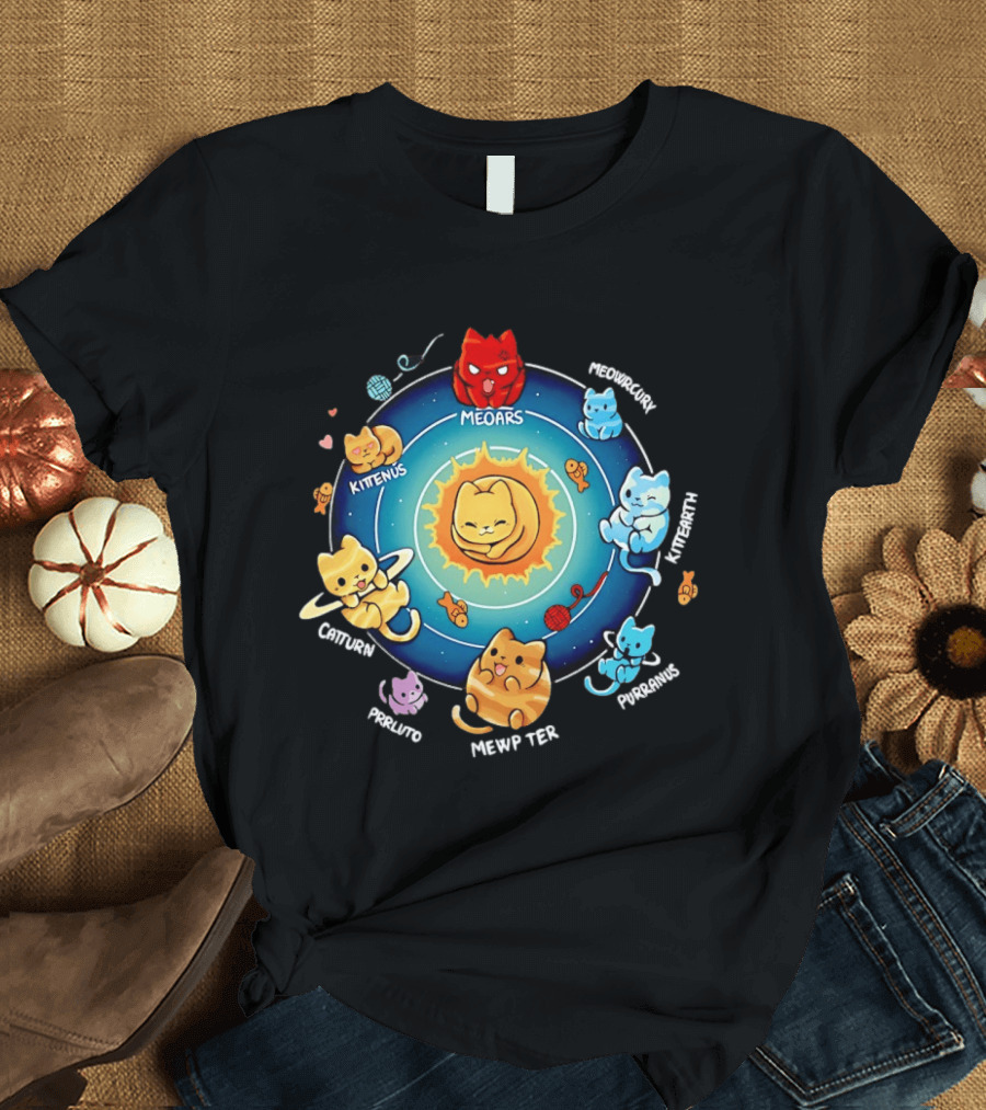 Cat Solar System Pun With Meowars And Planets Names Like Kittenus And Purrurns T-Shirt