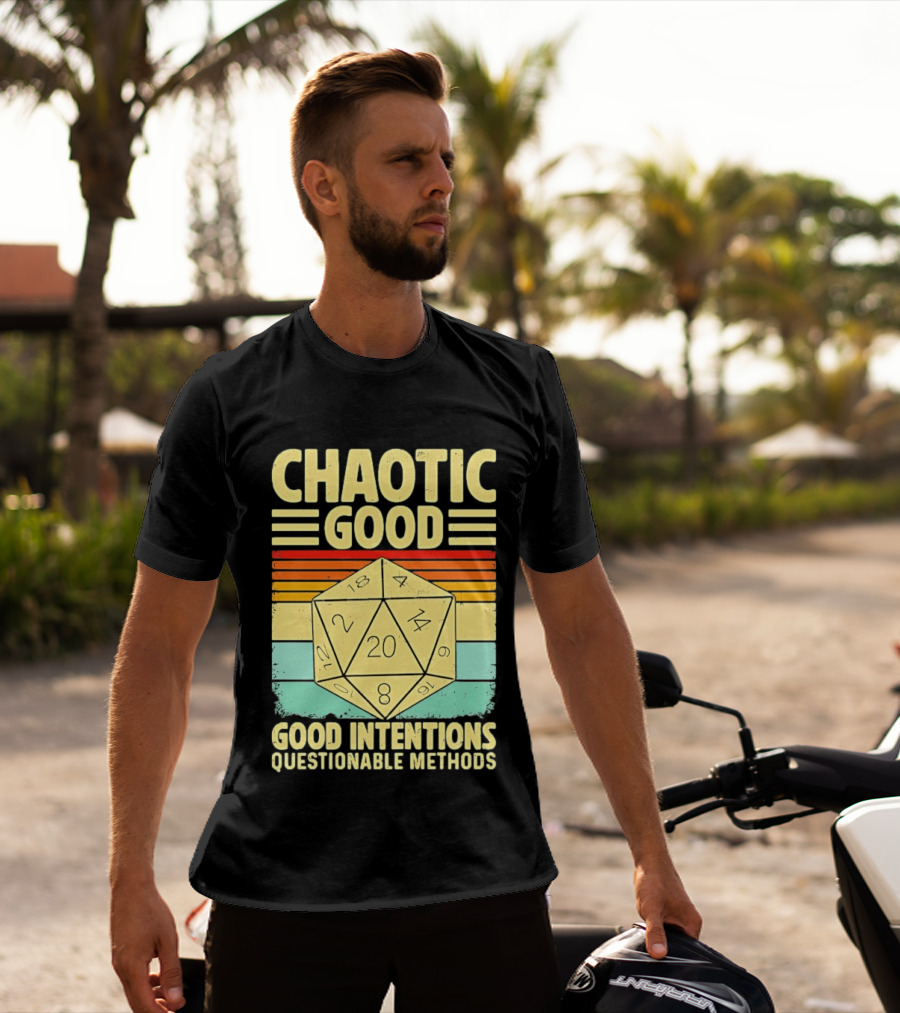 Chaotic Good D20 Good Intentions Questionable Methods Stripes T-Shirt