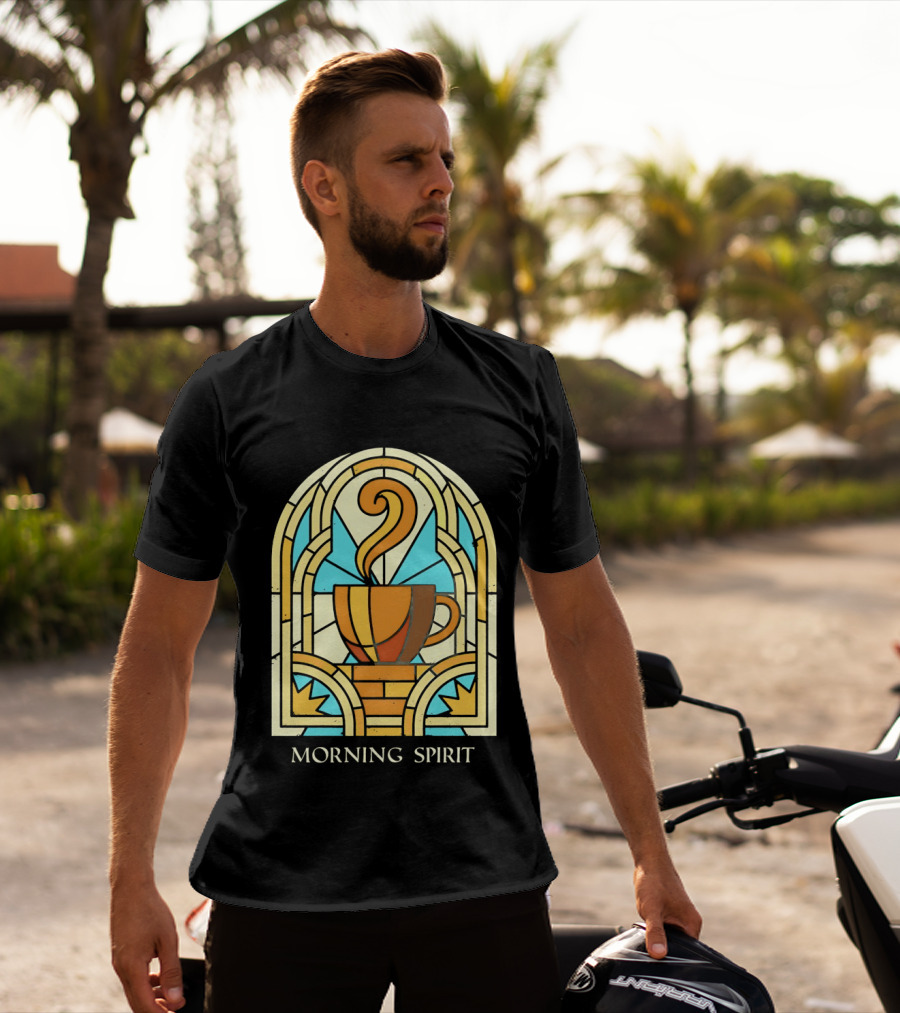 Morning Spirit Coffee Cup Stained Glass Art Deco T-Shirt