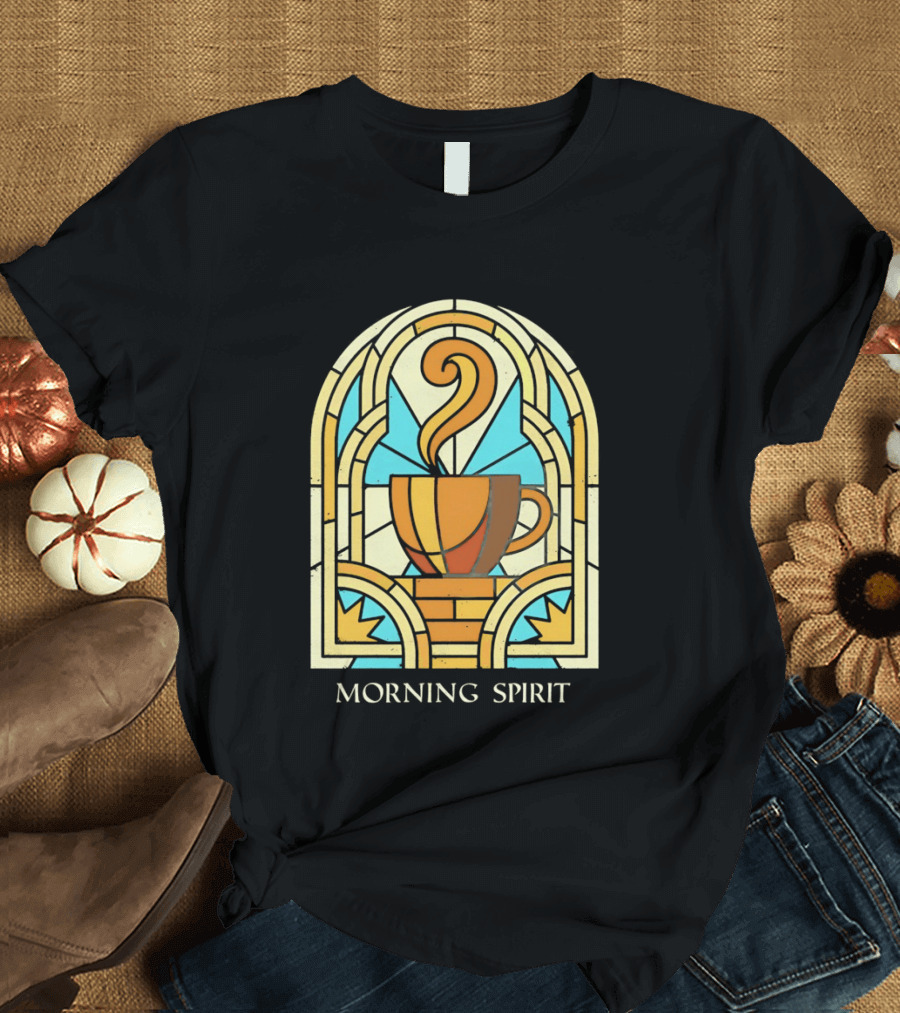 Morning Spirit Coffee Cup Stained Glass Art Deco T-Shirt