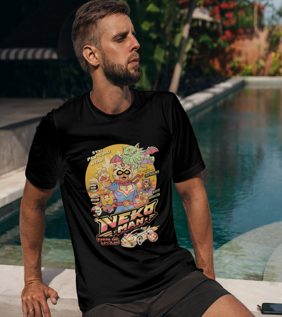 Stay Pawsome Neko Man Turbo Cat Featuring Villains Cathulhu Neko Mancer T-Shirt