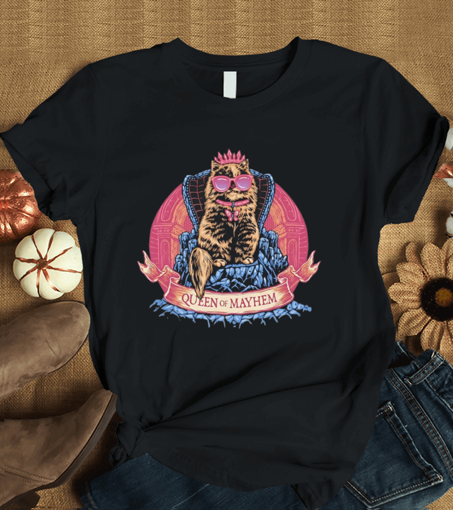 Queen Of Mayhem Cat With Pink Crown And Glasses On Throne T-Shirt