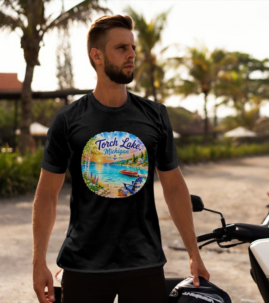 Torch Lake Michigan Sunset Scenic Lakeside Anchor T-Shirt