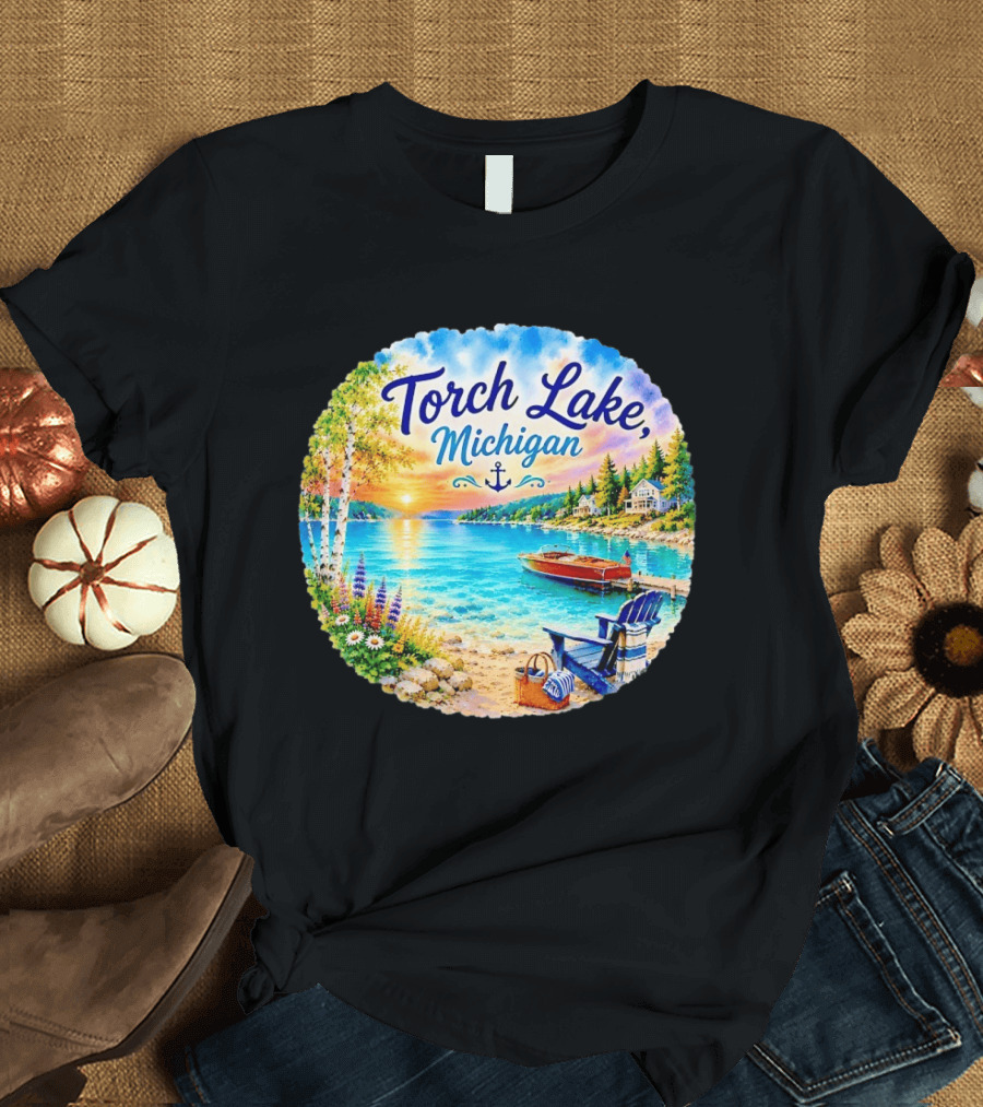 Torch Lake Michigan Sunset Scenic Lakeside Anchor T-Shirt