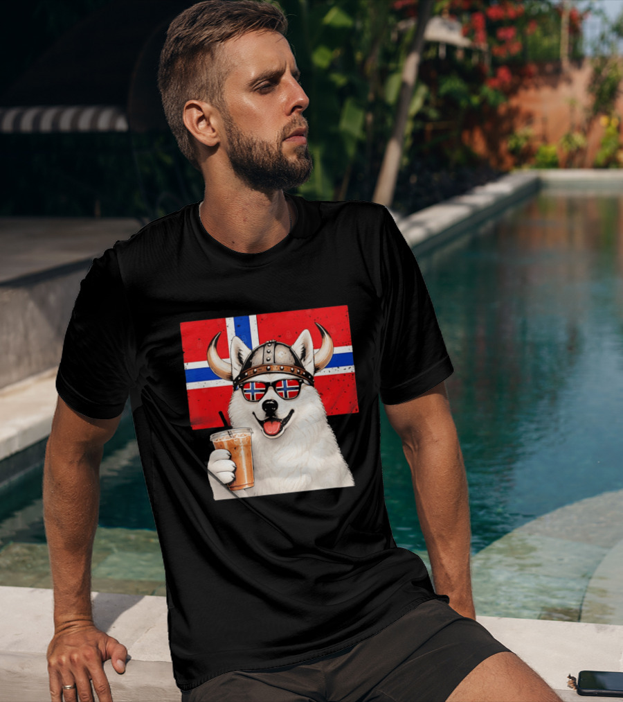 Viking Husky With Norwegian Flag Glasses And Iced Coffee T-Shirt