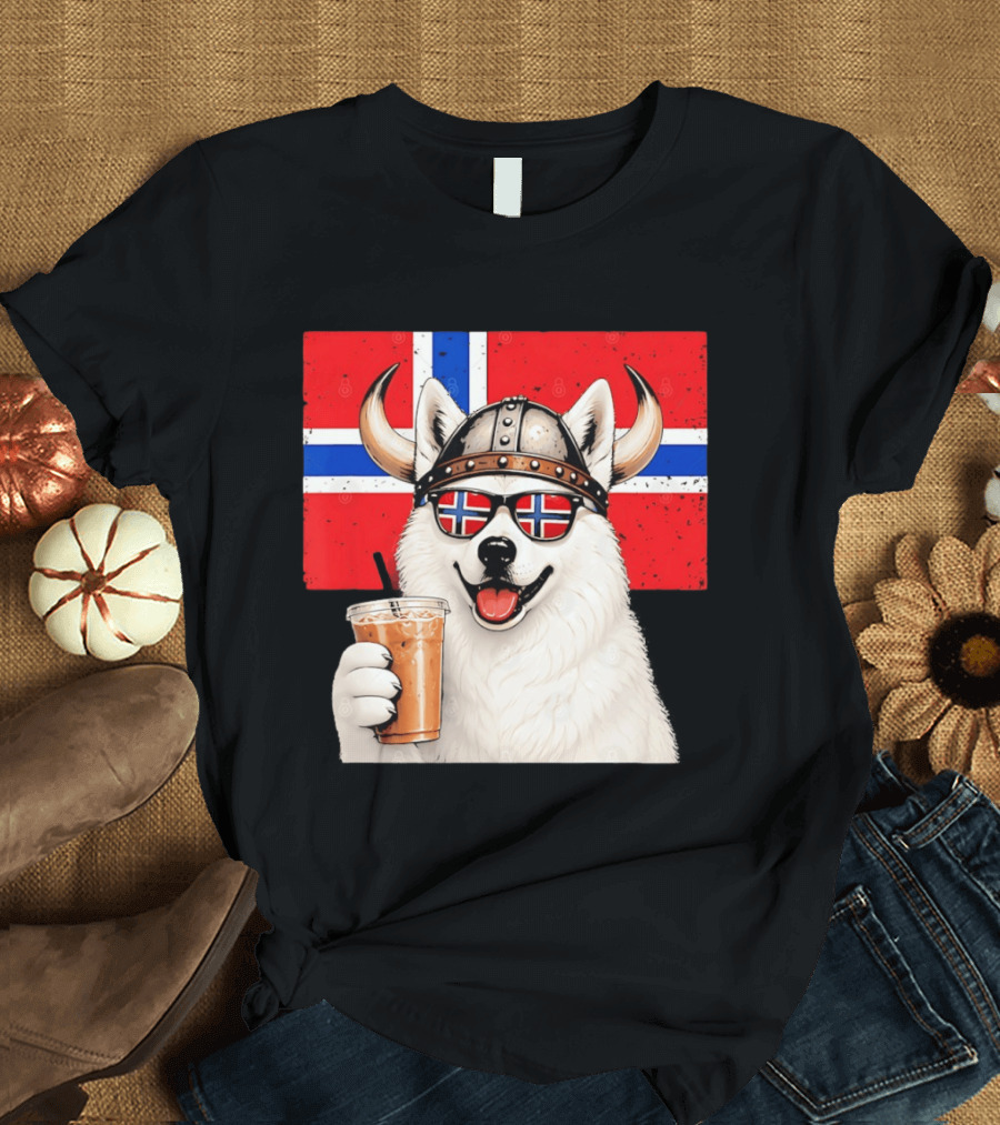 Viking Husky With Norwegian Flag Glasses And Iced Coffee T-Shirt