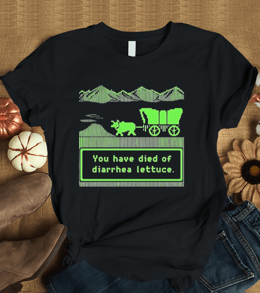 You Have Died Of Diarrhea Lettuce Oregon Trail Wagon Pixelated Retro Text Green T-Shirt