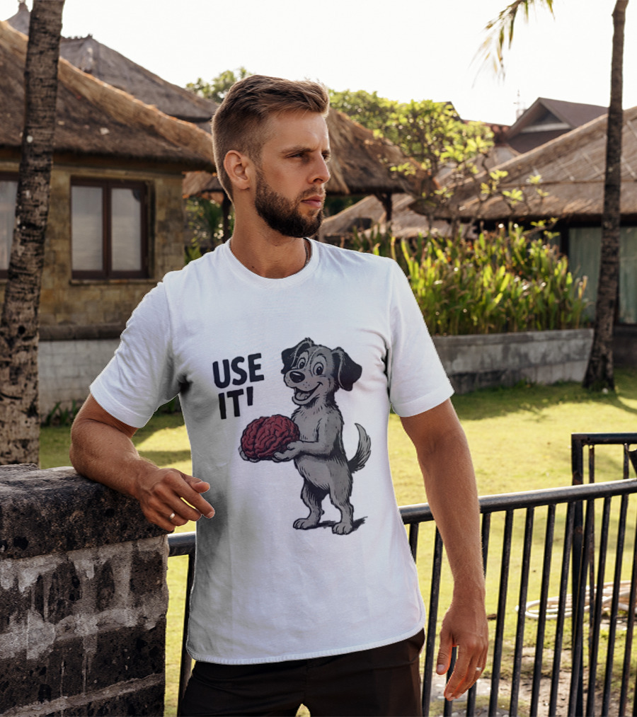 Cartoon Dog Holding Brain Use It Meme T-Shirt