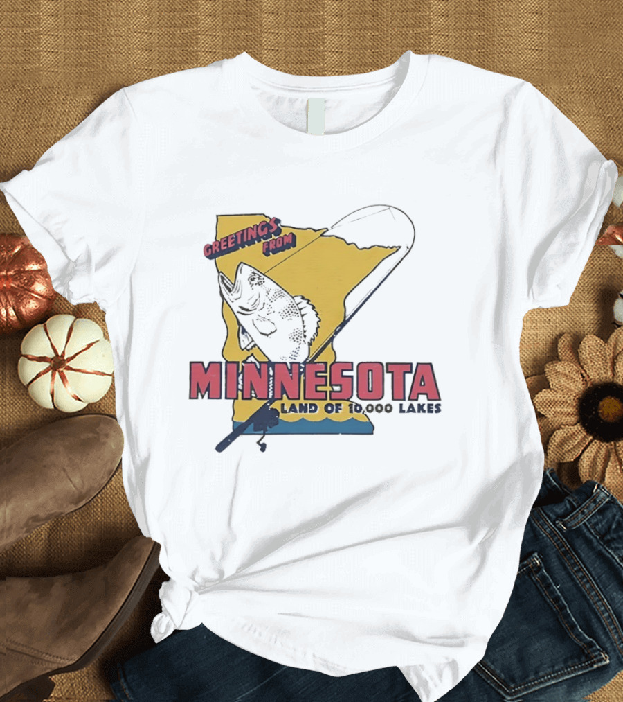 Greetings From Minnesota Land Of 10000 Lakes Fishing Map T-Shirt