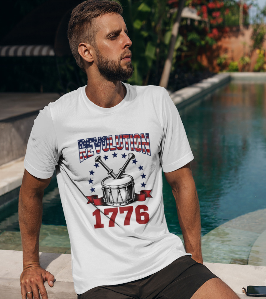 Revolution 1776 American Independence Drum With Stars And Crossed Drumsticks T-Shirt