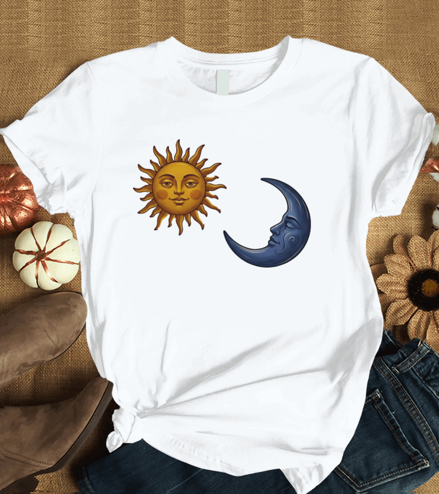 Sun Face And Crescent Moon Celestial Pair Harmony T-Shirt