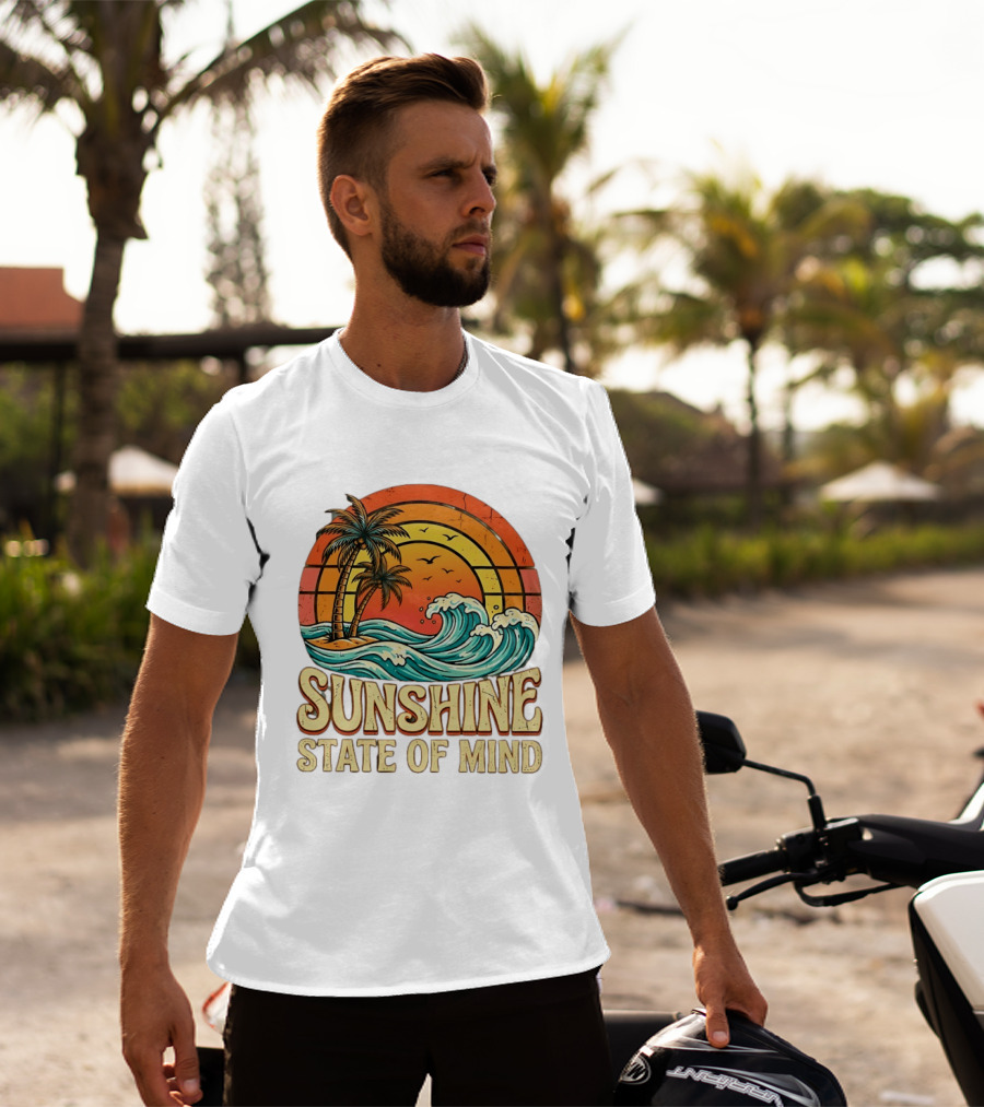 Sunshine State Of Mind Palm Trees Crashing Waves Sunset T-Shirt