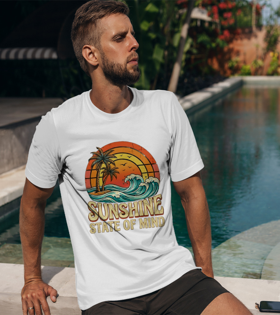 Sunshine State Of Mind Palm Trees Crashing Waves Sunset T-Shirt