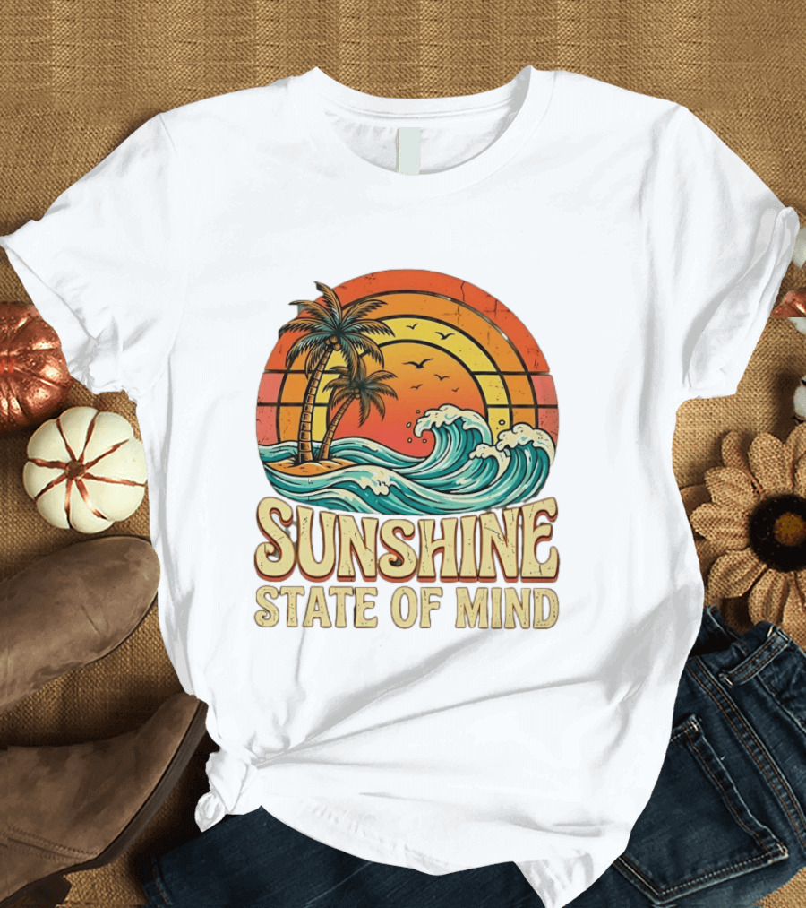Sunshine State Of Mind Palm Trees Crashing Waves Sunset T-Shirt