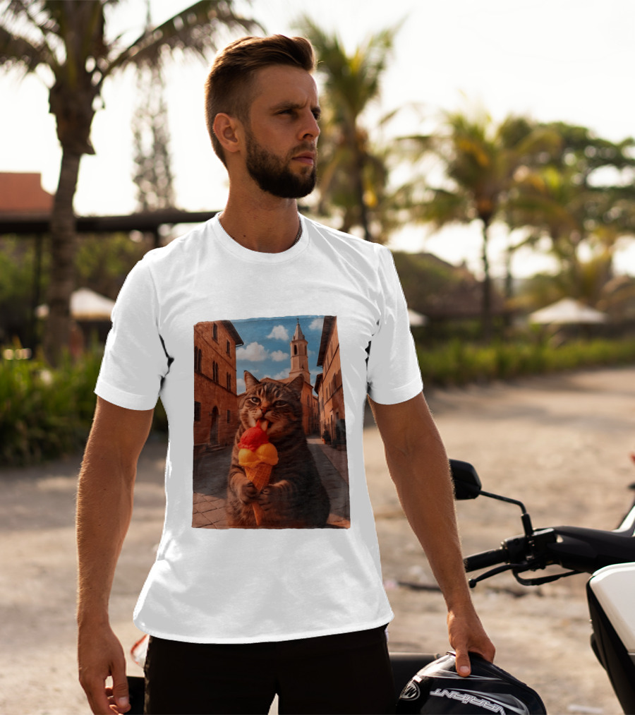 Tabby Cat Eating Ice Cream Cone In Italian Village Street Scene T-Shirt