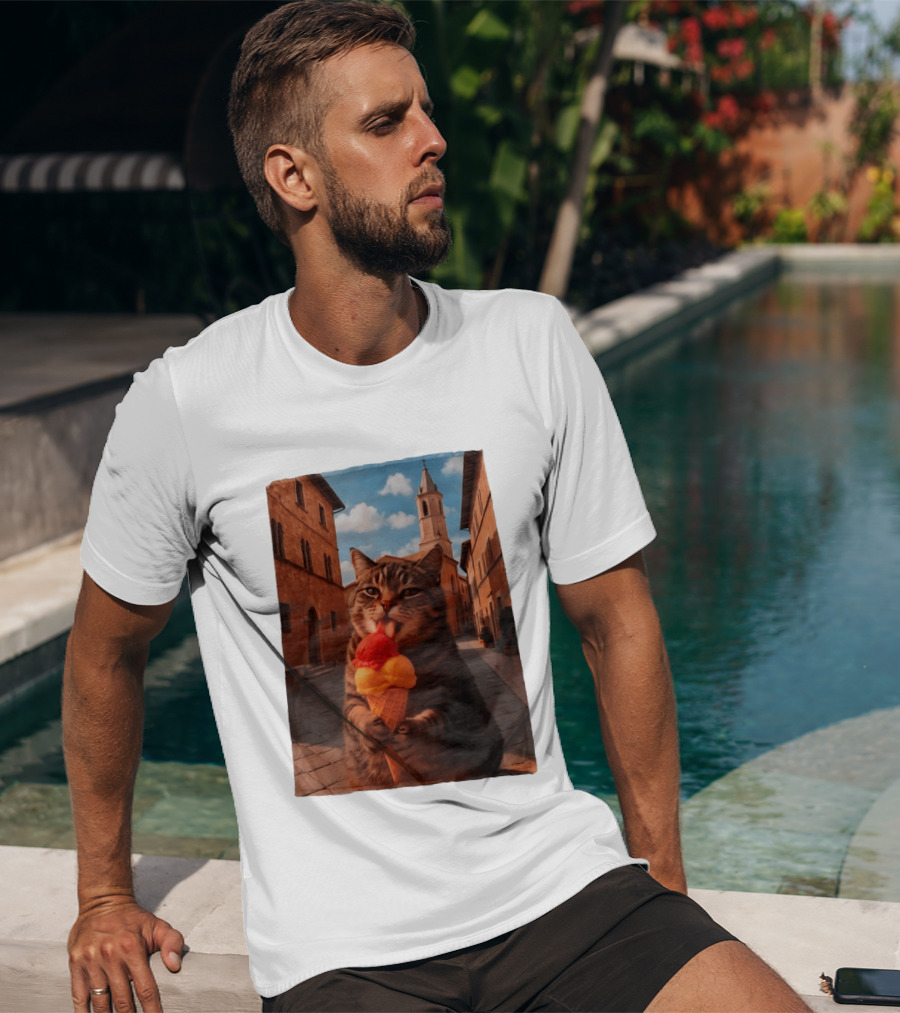 Tabby Cat Eating Ice Cream Cone In Italian Village Street Scene T-Shirt