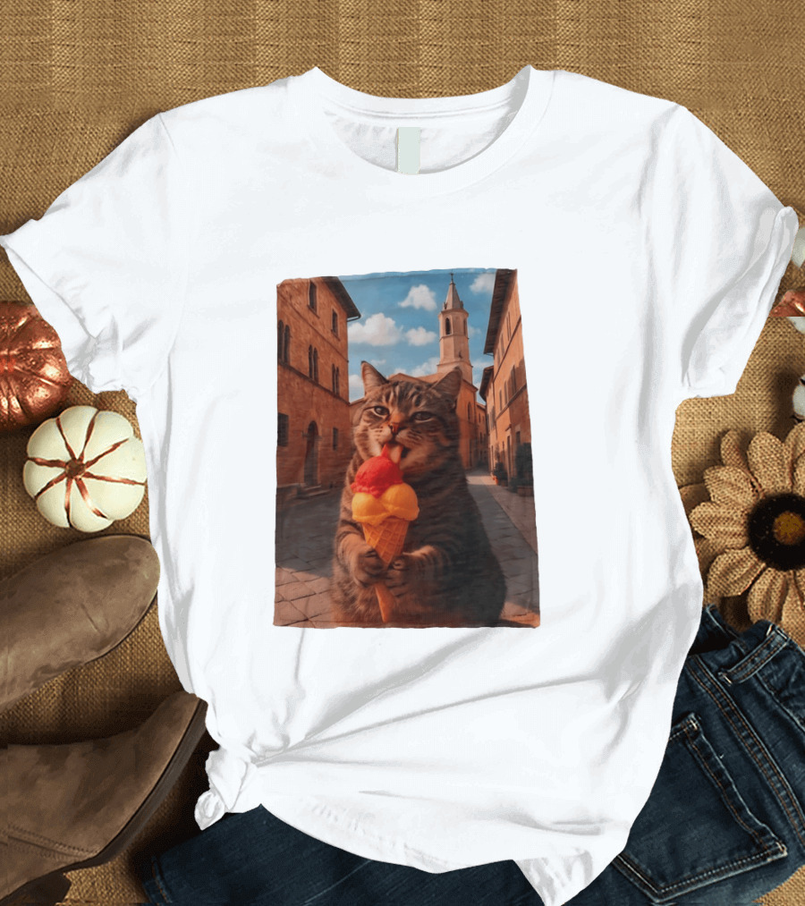 Tabby Cat Eating Ice Cream Cone In Italian Village Street Scene T-Shirt