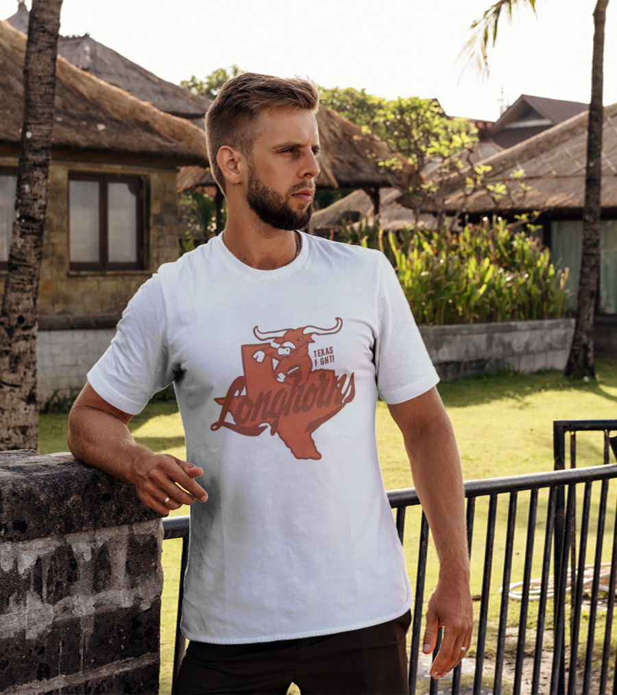 Texas Longhorns Bull Head Texas State Shape Texas Fight Football T-Shirt
