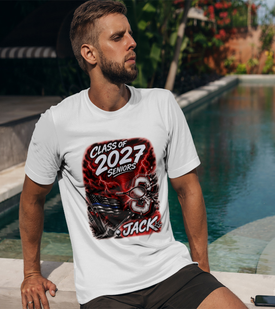 Class Of 2027 Seniors Jack Black Flag Lightning Tennis Football T-Shirt