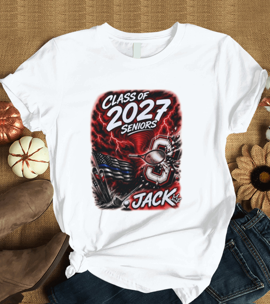 Class Of 2027 Seniors Jack Black Flag Lightning Tennis Football T-Shirt