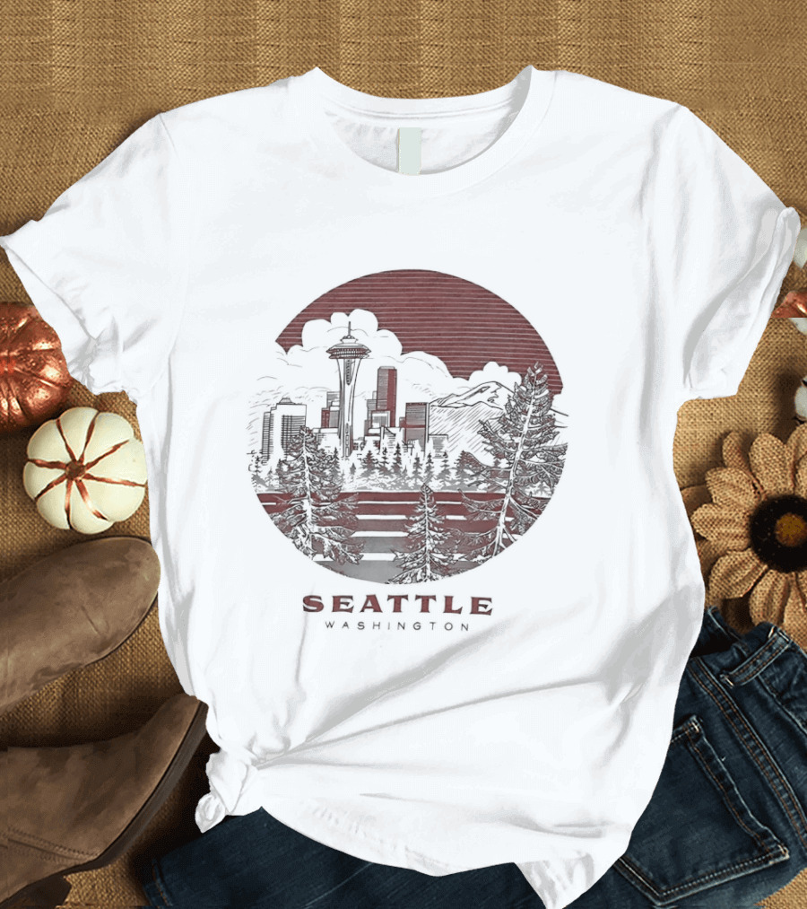 Seattle Washington Skyline Space Needle Mountains Forest T-Shirt
