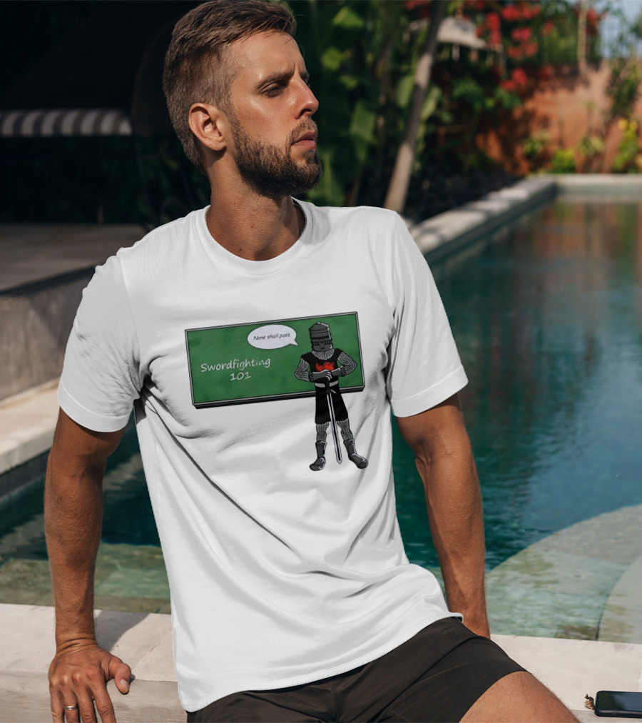 Swordfighting 101 None Shall Pass Black Knight Cartoon T-Shirt