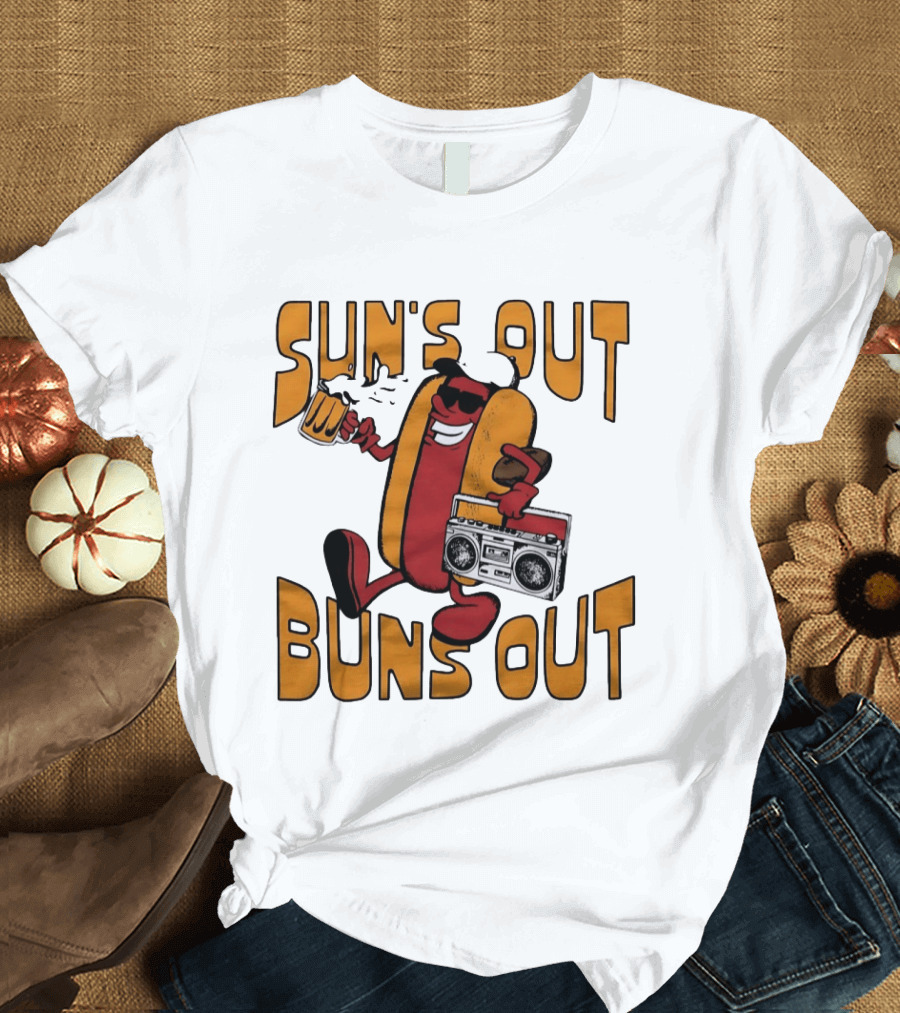 Sun's Out Buns Out Hot Dog With Sunglasses Holding Beer And Boombox T-Shirt