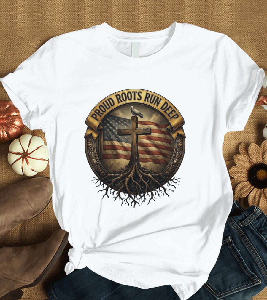 Proud Roots Run Deep Cross Dove American Flag Roots T-Shirt