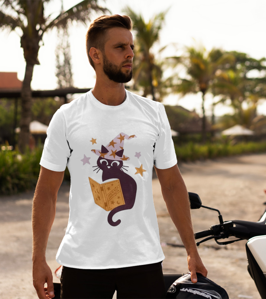 Magic Cat In Witch Hat Reading Spell Book With Stars T-Shirt