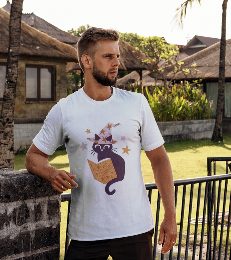 Magic Cat In Witch Hat Reading Spell Book With Stars T-Shirt