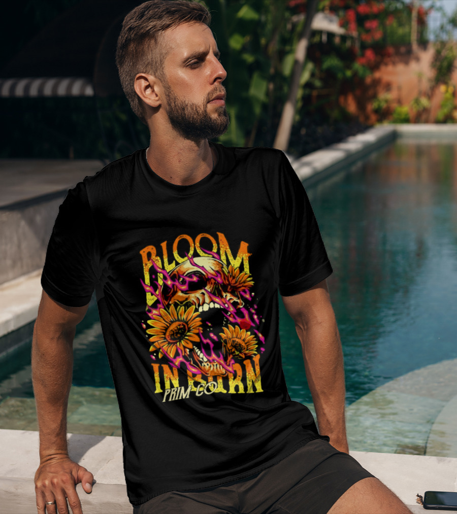 Bloom In Burn Prim Co Skull And Sunflowers T-Shirt