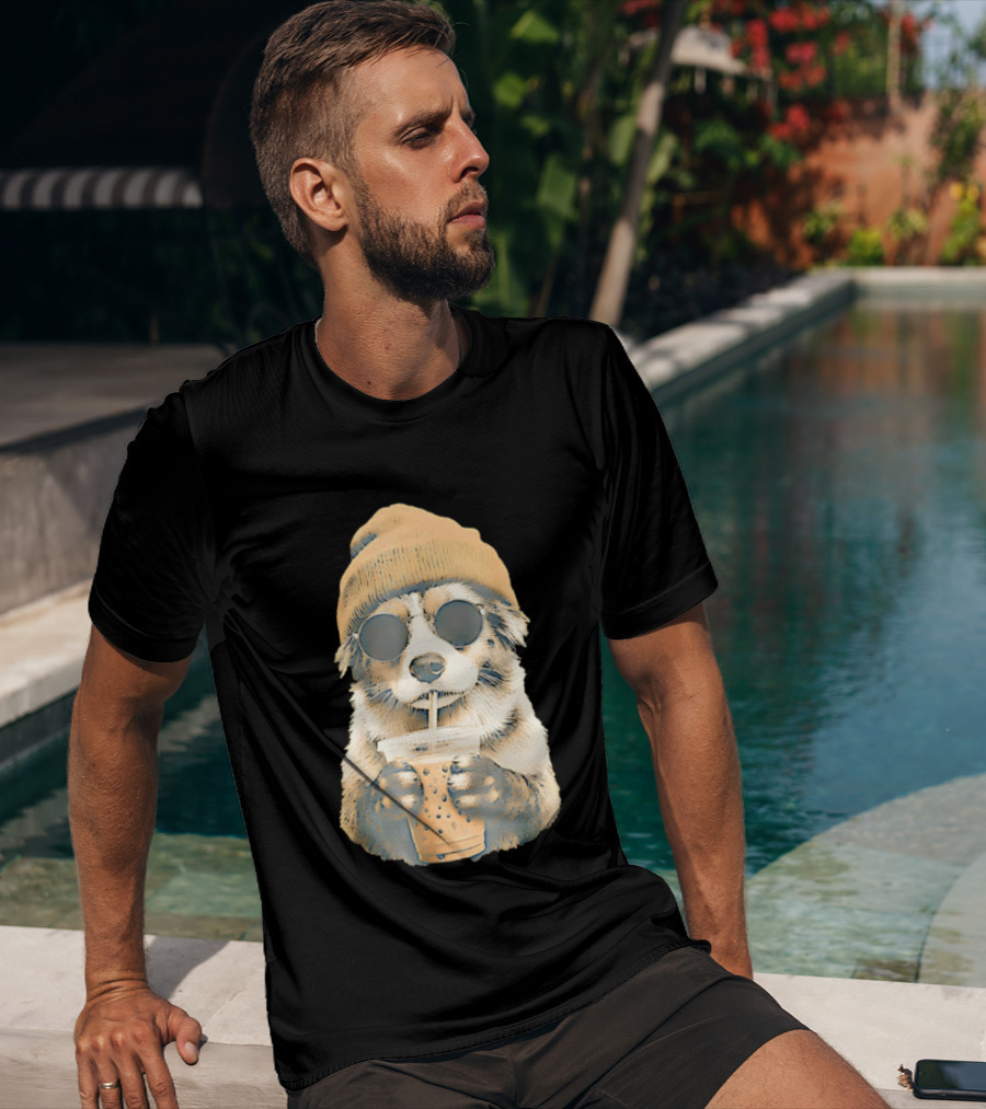 Cozy Dog In Beanie And Sunglasses Enjoying Iced Boba Tea T-Shirt