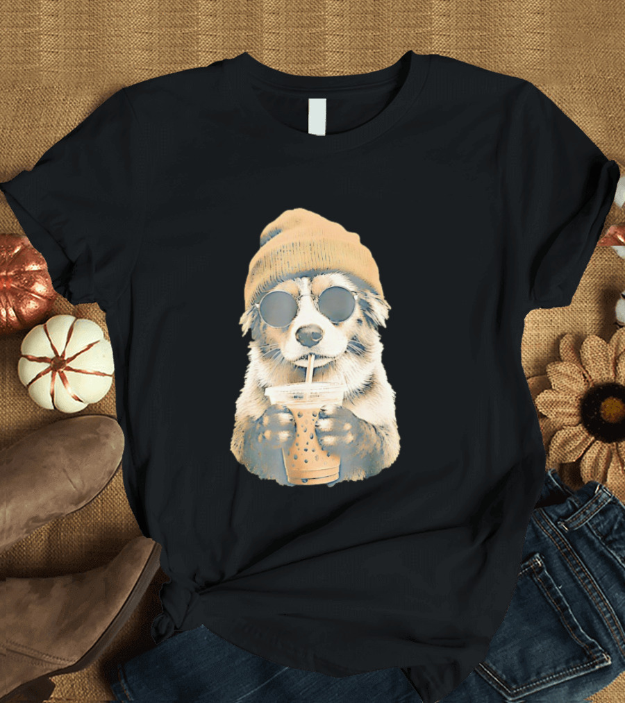 Cozy Dog In Beanie And Sunglasses Enjoying Iced Boba Tea T-Shirt